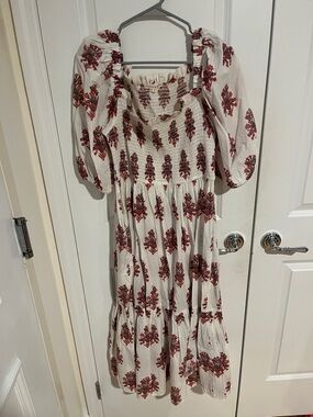 Cream Midi Dress with Red Floral Print and Smocked Bodice